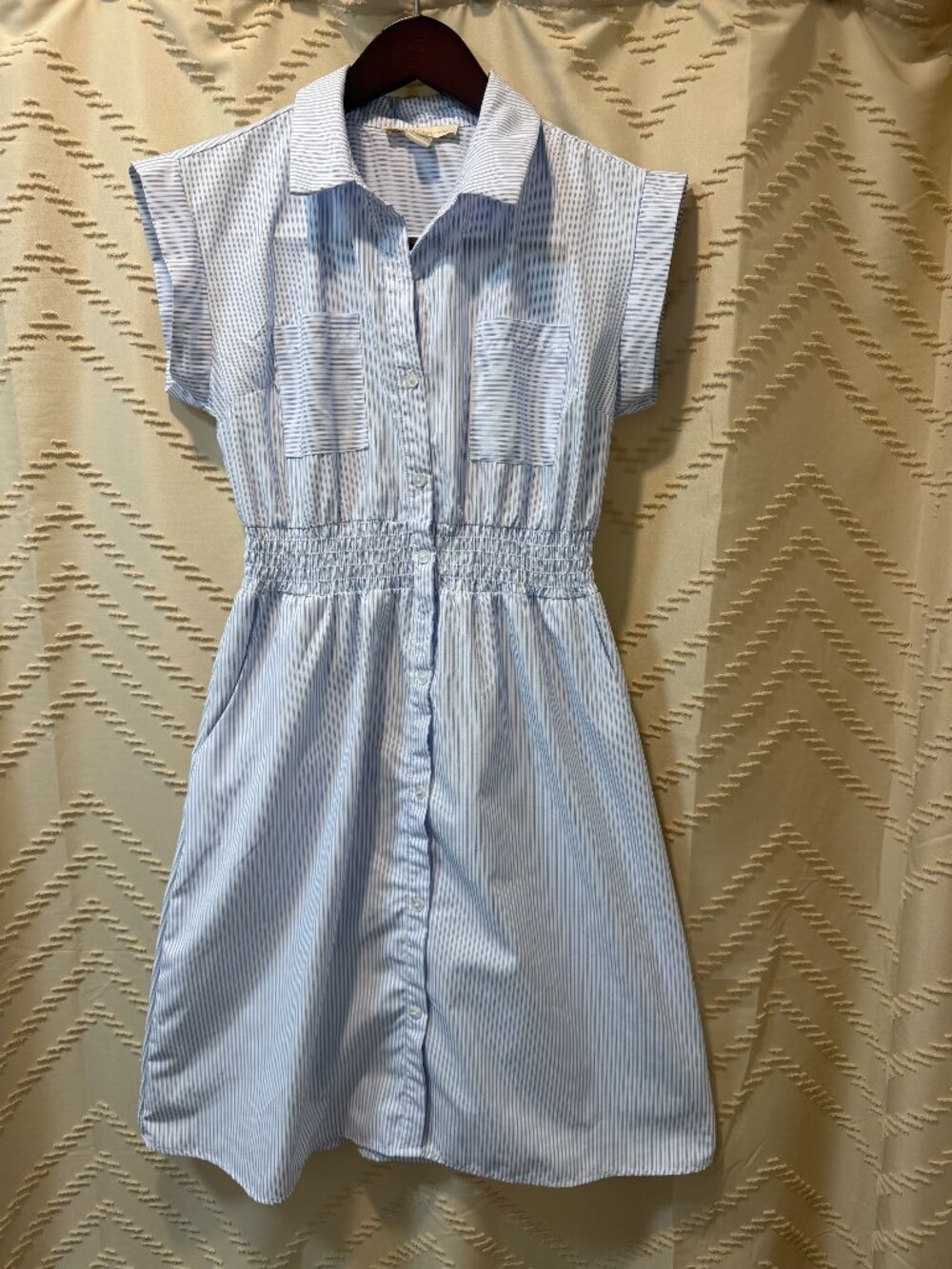Monteau LA Striped Shirt Dress Large Blue White Elastic Waist Pockets